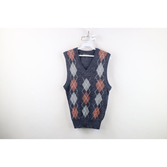 Vtg 90s Streetwear Womens Medium Linen Blend Argyle Diamond Knit Sweater Vest - Picture 1 of 10